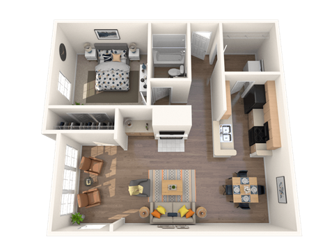 Floor plan for 1 bed, 1 bath, 858 sqft